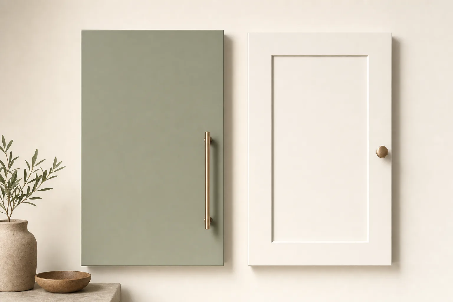 A flat slab cabinet door in sage green beside a framed shaker door in warm white, each with brass hardware.