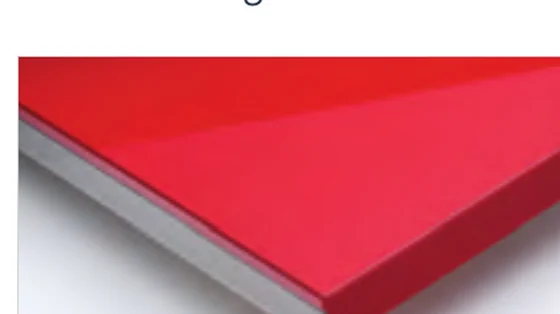 High-gloss corsa red cabinet finish sample.
