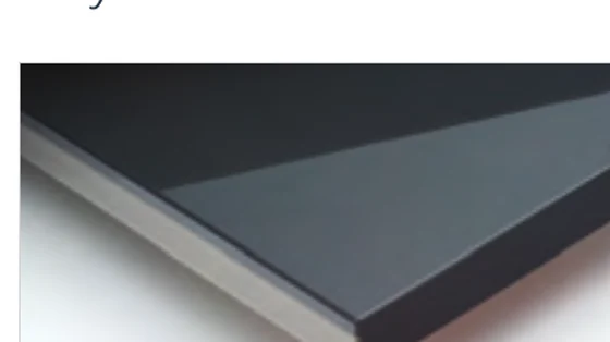 High-gloss dark grey cabinet finish sample.