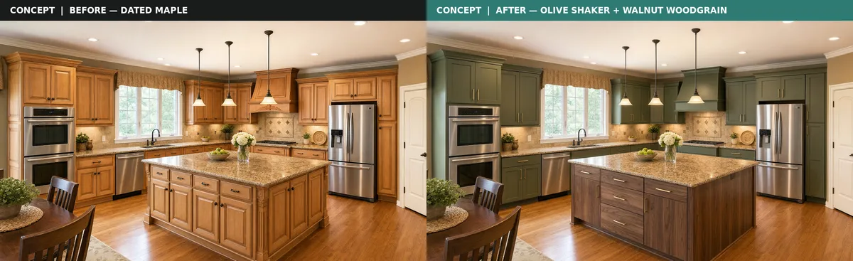 Concept visualization: a dated maple kitchen on the left, and the same kitchen reimagined on the right with an olive shaker perimeter and a walnut woodgrain island.