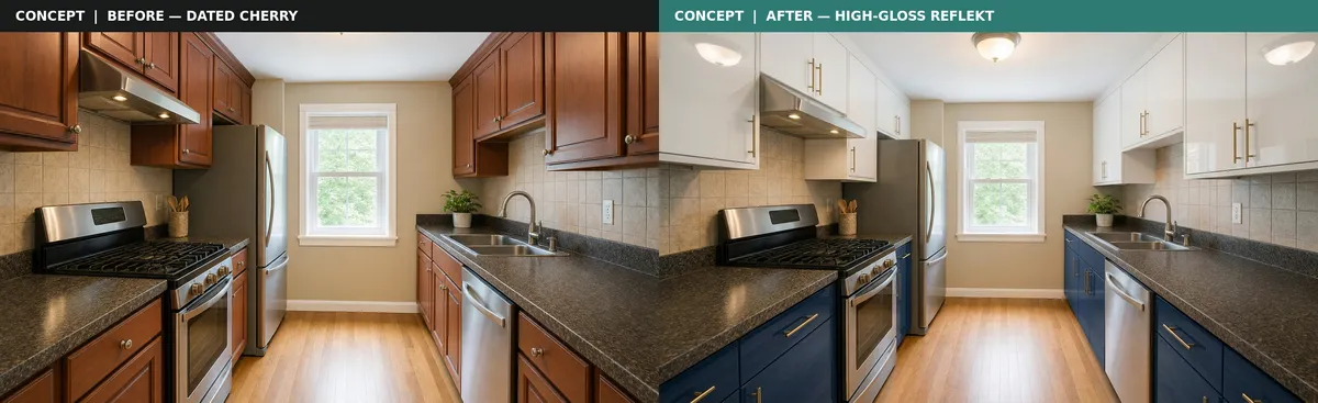 Concept visualization: a dated cherry kitchen on the left, and the same kitchen reimagined on the right with high-gloss Reflekt fronts &mdash; soft-white uppers and navy lowers.