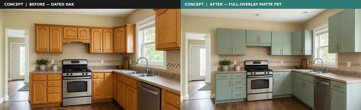 Concept visualization: a dated oak kitchen on the left, and the same kitchen reimagined on the right with sage matte slab full-overlay PET fronts.