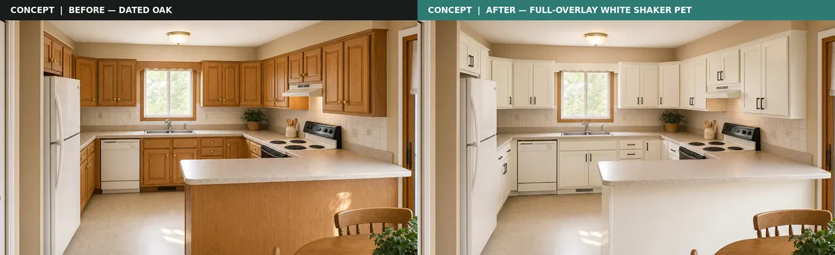Concept visualization: a dated oak kitchen on the left, and the same kitchen reimagined on the right with warm white full-overlay shaker PET fronts.